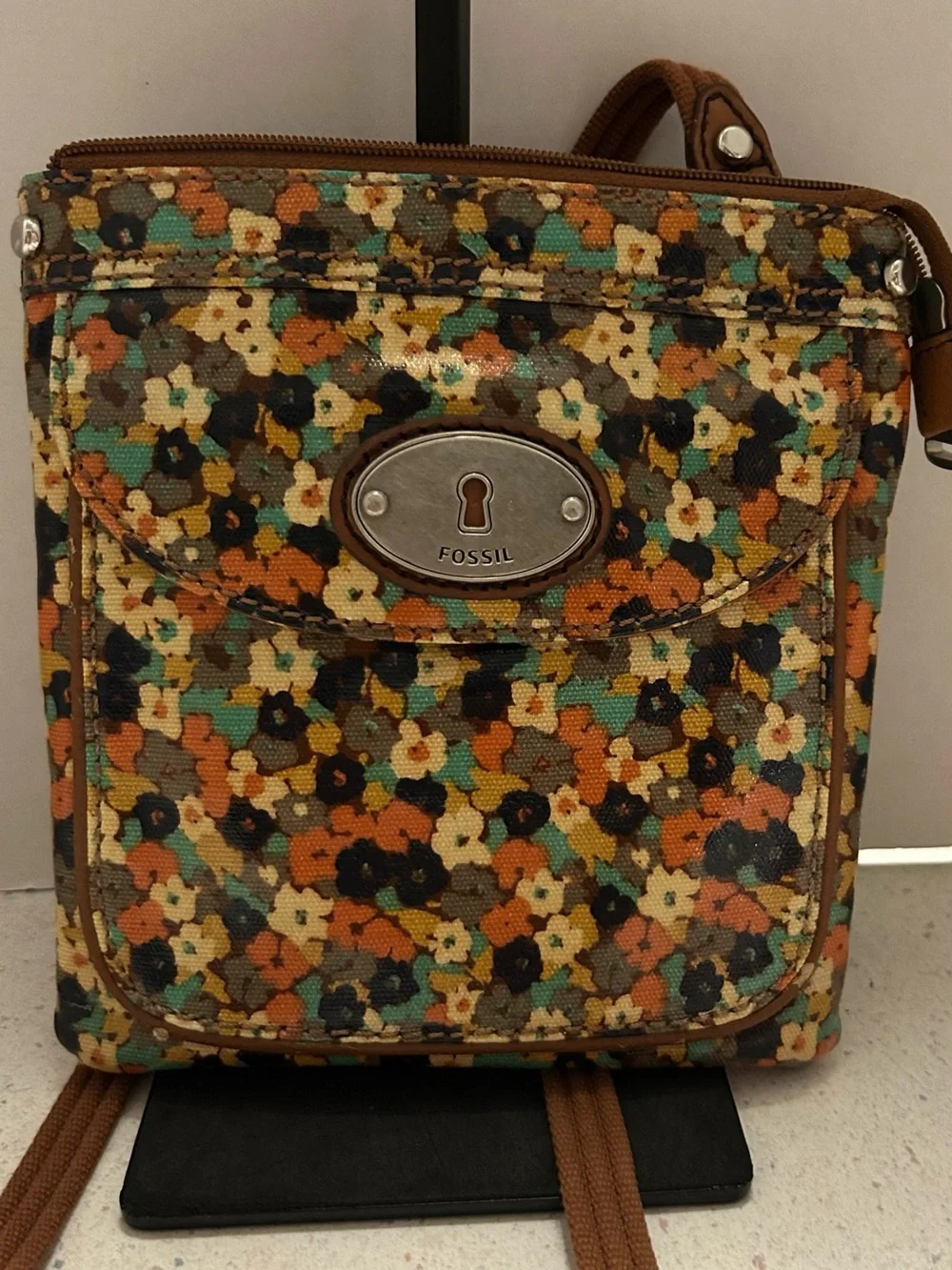 Fossil Floral Canvas Crossbody Bag - Brown, Orange, Teal